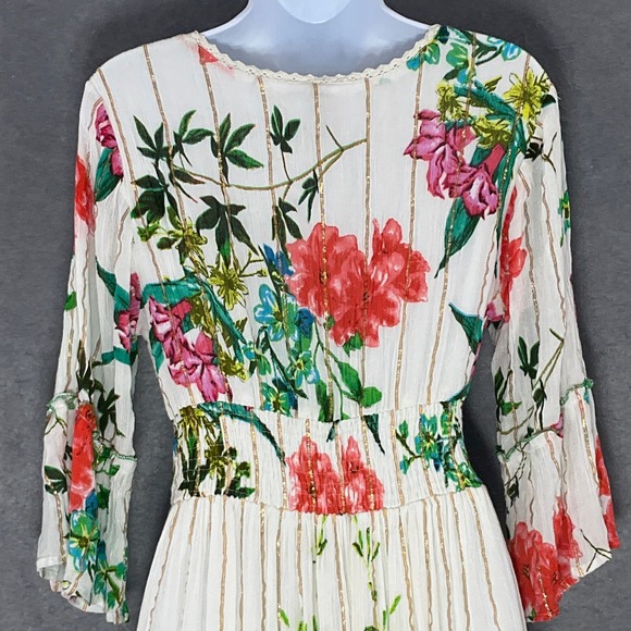 ME 2 Magic Maxi Dress Sz S Romantic Anthropologie White Gold‎ Floral Gypsy Boho - Picture 7 of 14